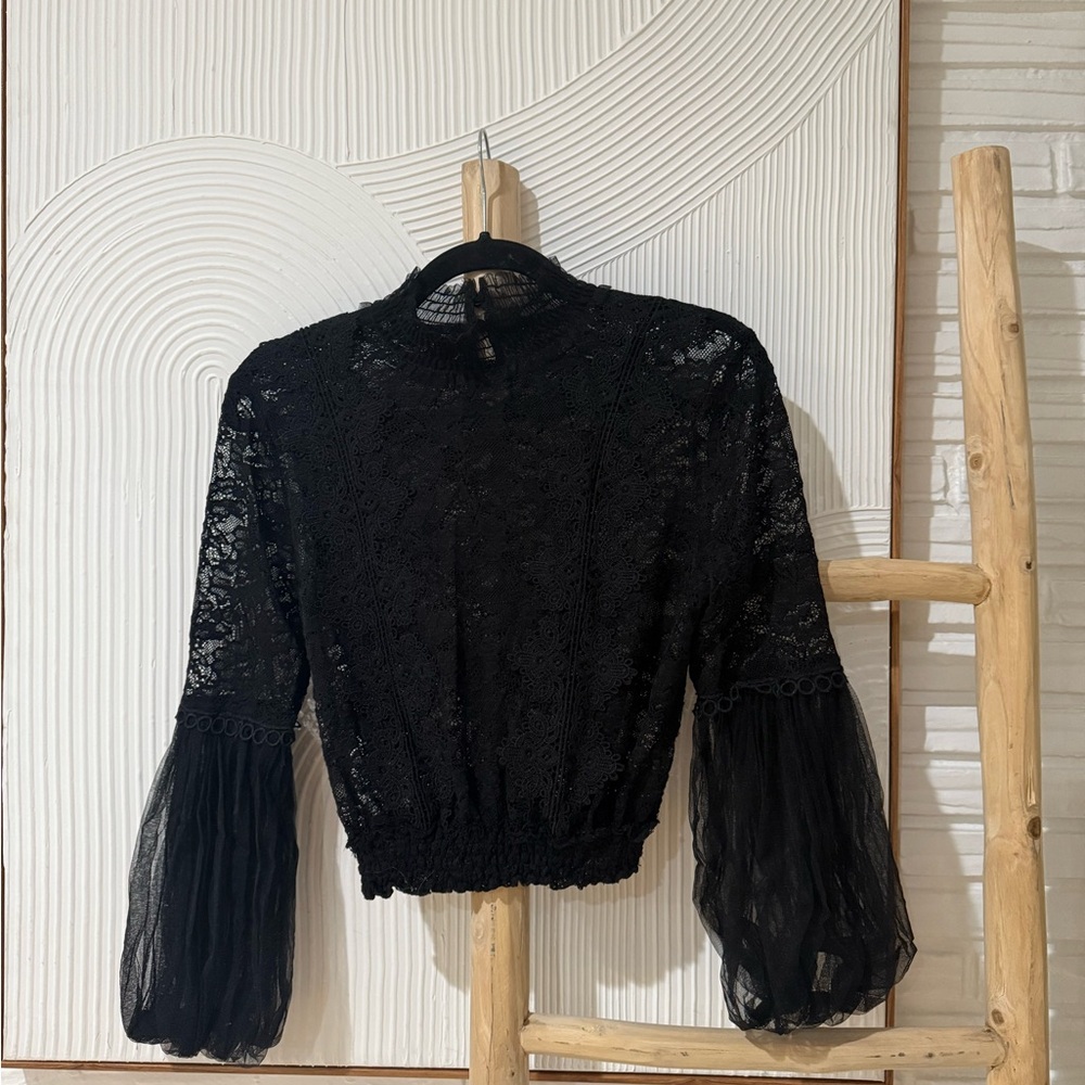 Love Black Lace Blouse with Sheer Sleeves